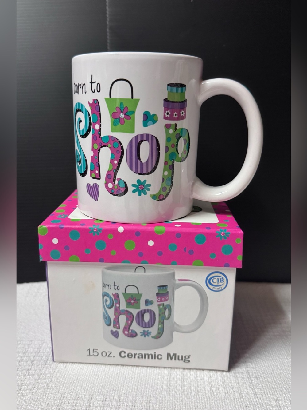 Sears White Ceramic 'Born to Shop' Mug with Bright Accent Colors